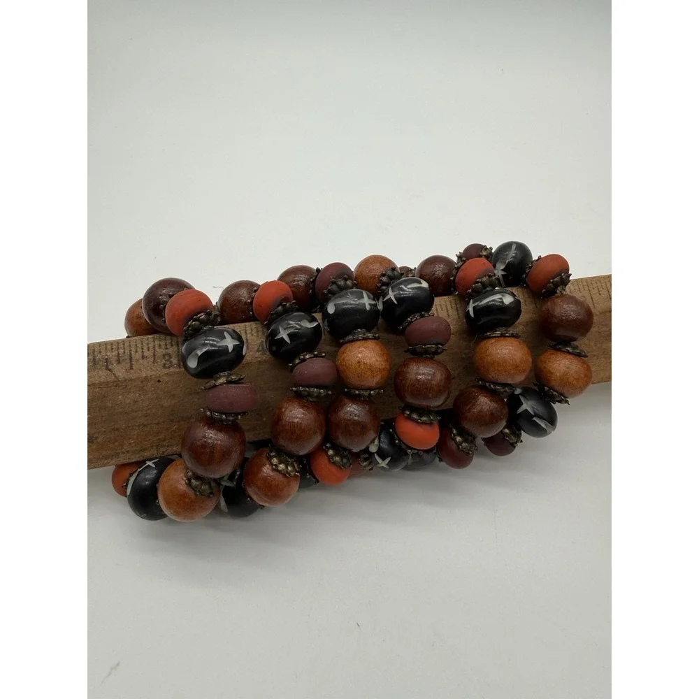 Set of 6 Napkin Rings Wood Metal and Plastic Beads African Style 2.5